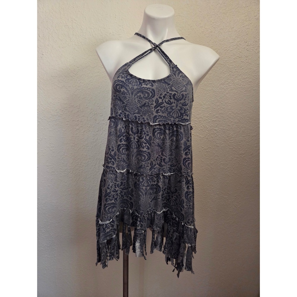Shyanne Womens XL Paisley Tiered Fringe‎ Mini Dress Halter Neck Grey Blue AF093